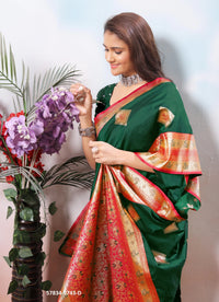 Dark Green Silk Woven Jacquard Saree For Traditional / Religious-Occasions