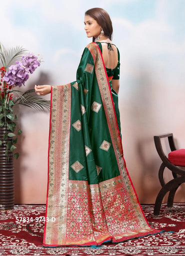 Dark Green Silk Woven Jacquard Saree For Traditional / Religious-Occasions