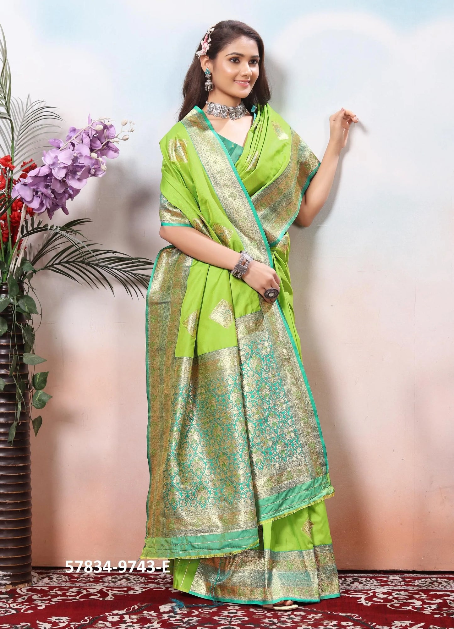 Light Lime Green Silk Woven Jacquard Saree For Traditional / Religious-Occasions