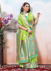 Light Lime Green Silk Woven Jacquard Saree For Traditional / Religious-Occasions