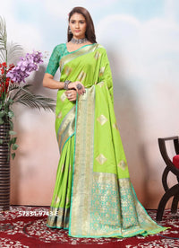 Light Lime Green Silk Woven Jacquard Saree For Traditional / Religious-Occasions