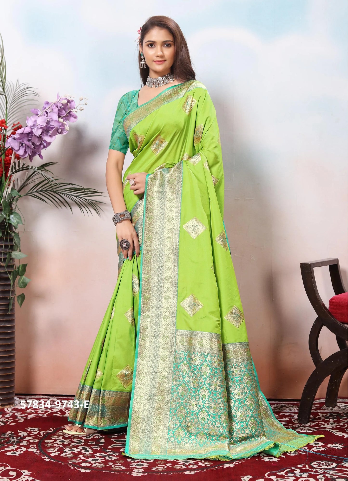 Light Lime Green Silk Woven Jacquard Saree For Traditional / Religious-Occasions