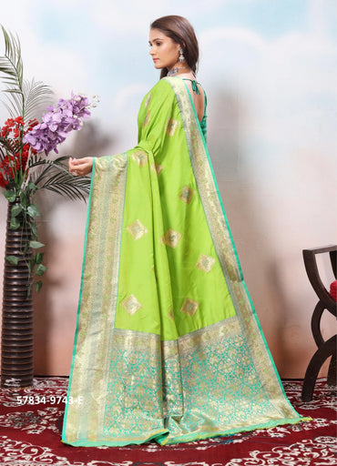 Light Lime Green Silk Woven Jacquard Saree For Traditional / Religious-Occasions