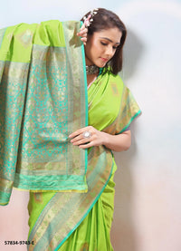 Light Lime Green Silk Woven Jacquard Saree For Traditional / Religious-Occasions