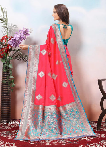 Coral Red Silk Woven Jacquard Saree For Traditional / Religious-Occasions