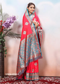 Coral Red Silk Woven Jacquard Saree For Traditional / Religious-Occasions