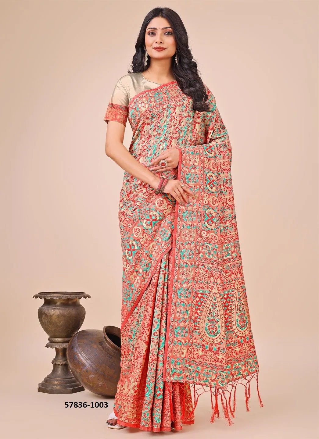 Light Salmon Cotton Woven Handloom Saree For Traditional / Religious-Occasions