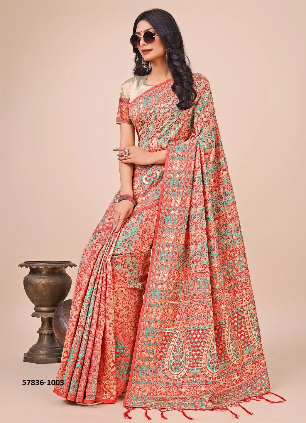 Light Salmon Cotton Woven Handloom Saree For Traditional / Religious-Occasions