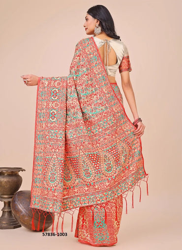 Light Salmon Cotton Woven Handloom Saree For Traditional / Religious-Occasions