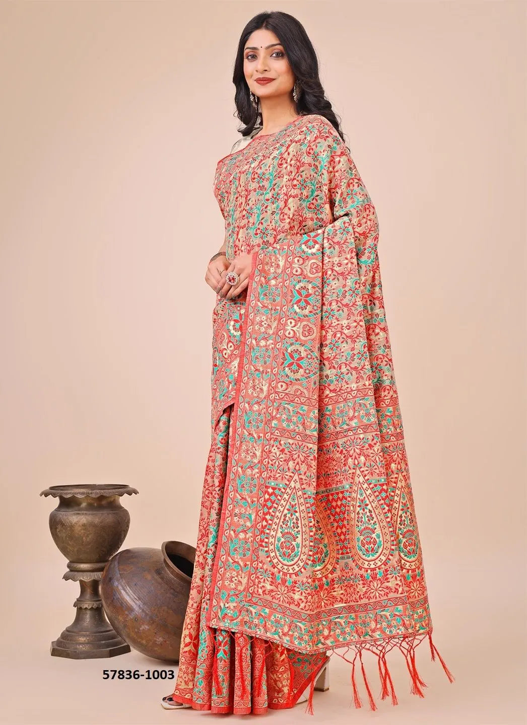 Light Salmon Cotton Woven Handloom Saree For Traditional / Religious-Occasions