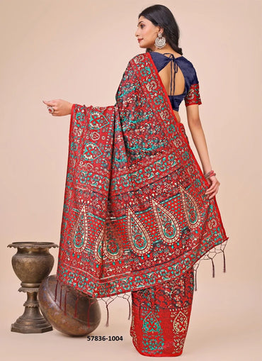 Crimson Red Cotton Woven Handloom Saree For Traditional / Religious-Occasions