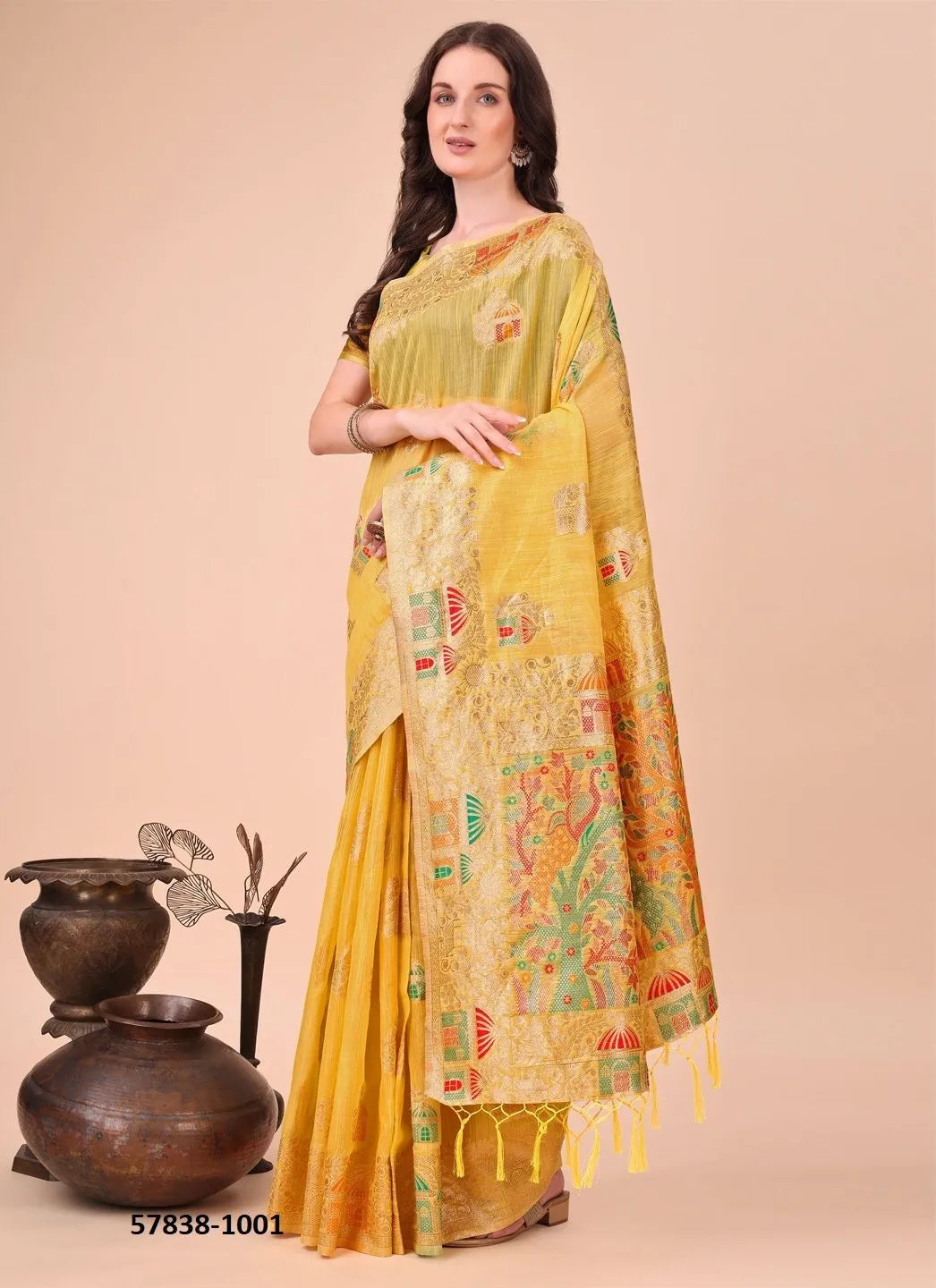 Yellow Linen-Cotton Woven Festive-Wear Saree