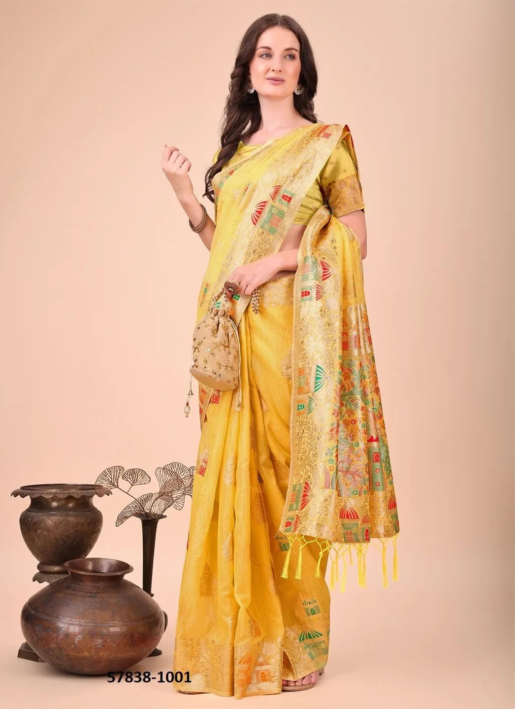 Yellow Linen-Cotton Woven Festive-Wear Saree