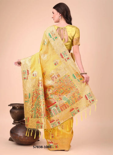 Yellow Linen-Cotton Woven Festive-Wear Saree