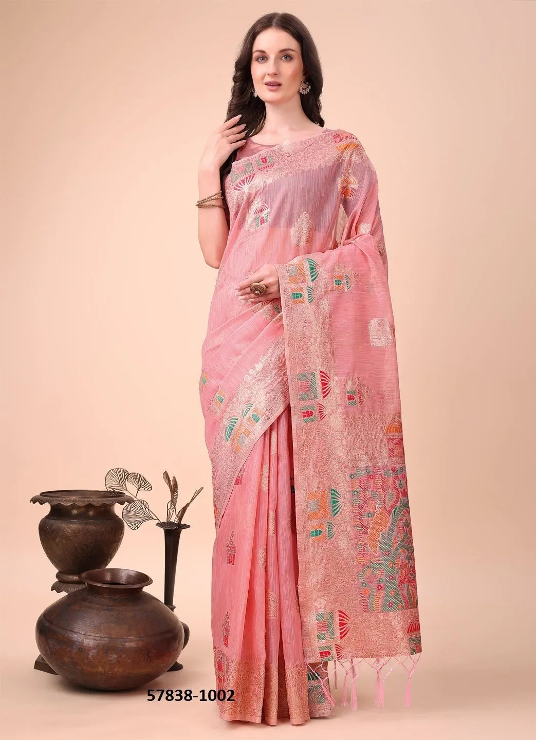 Pink Linen-Cotton Woven Festive-Wear Saree