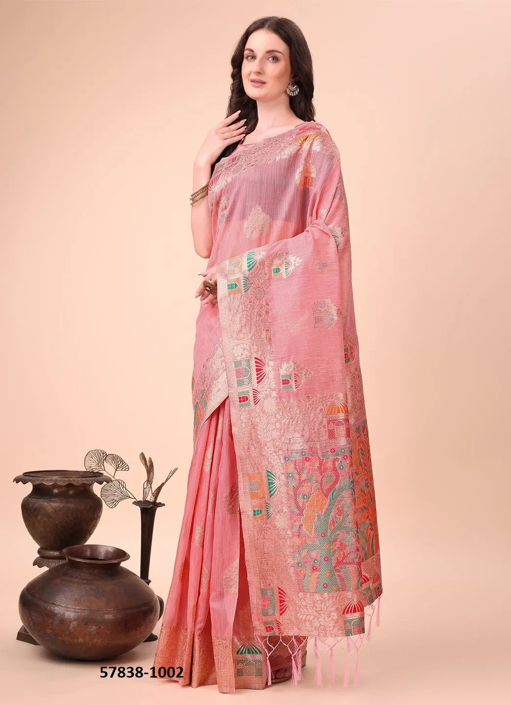 Pink Linen-Cotton Woven Festive-Wear Saree
