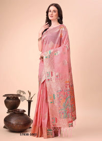 Pink Linen-Cotton Woven Festive-Wear Saree