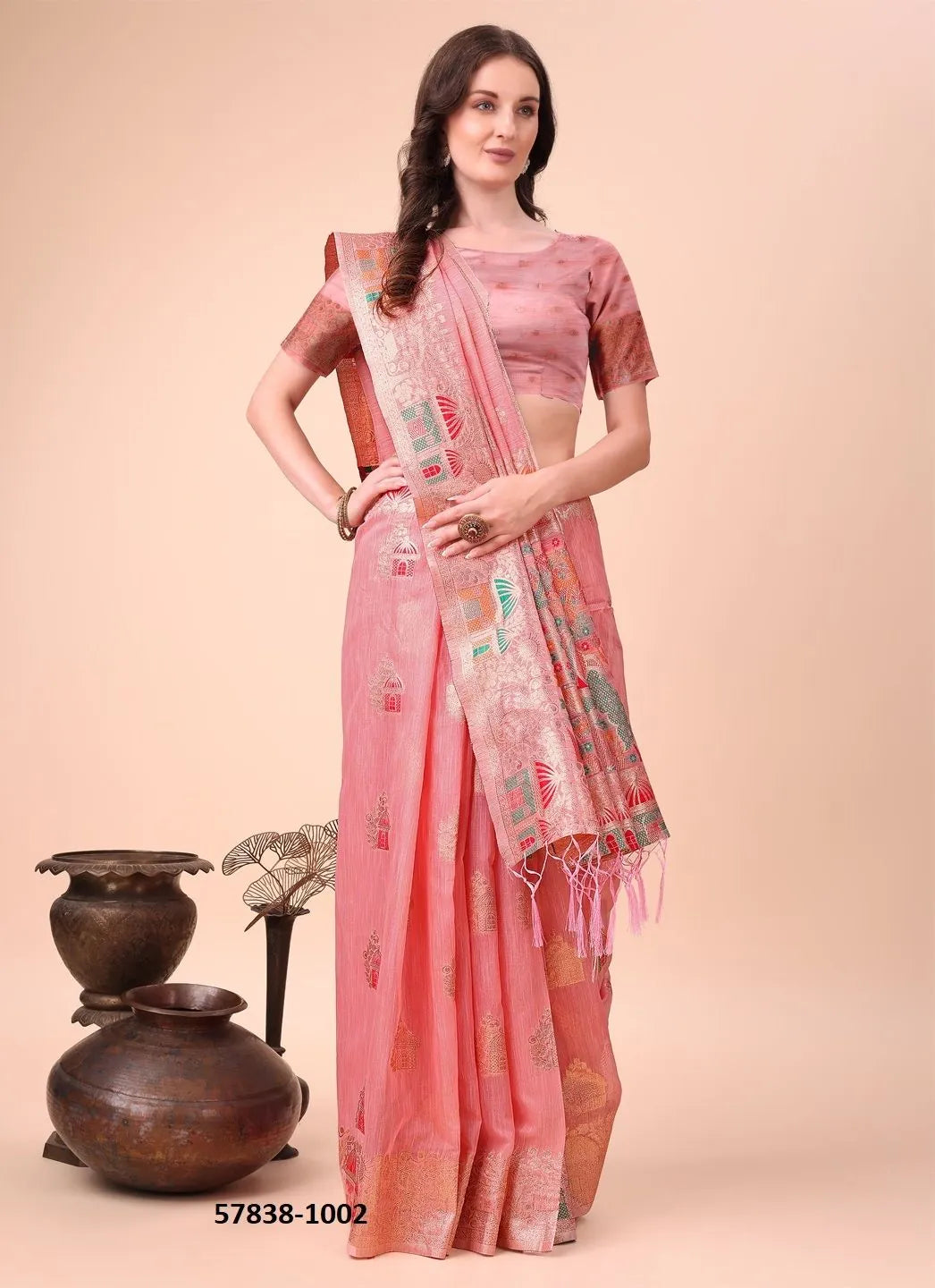 Pink Linen-Cotton Woven Festive-Wear Saree