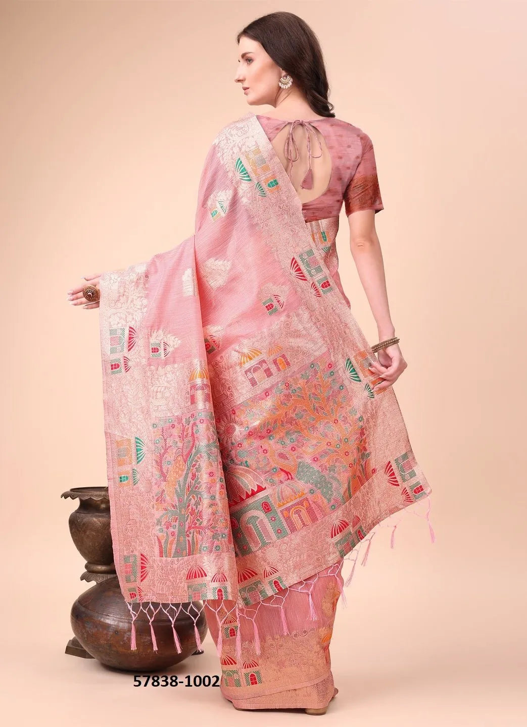 Pink Linen-Cotton Woven Festive-Wear Saree