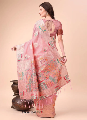 Pink Linen-Cotton Woven Festive-Wear Saree