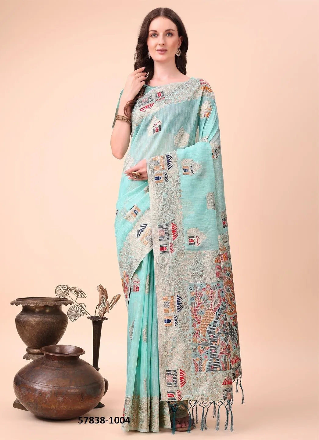 Sky Blue Linen-Cotton Woven Festive-Wear Saree