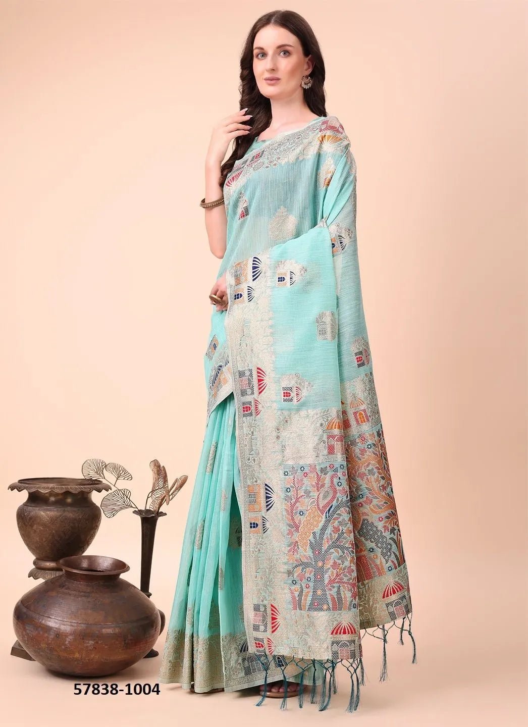 Sky Blue Linen-Cotton Woven Festive-Wear Saree