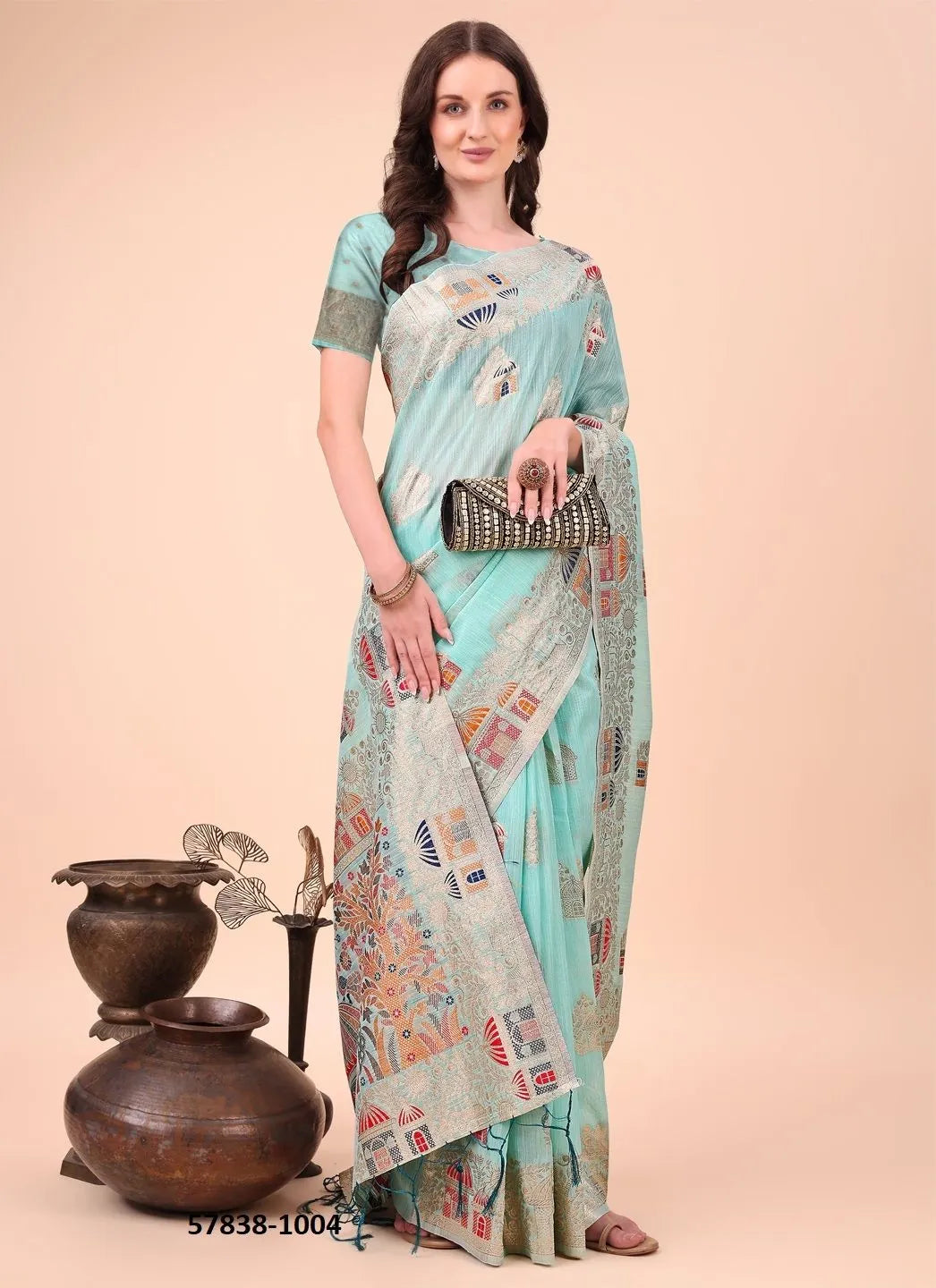 Sky Blue Linen-Cotton Woven Festive-Wear Saree