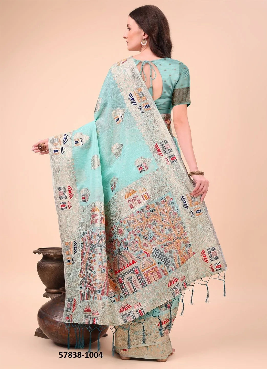 Sky Blue Linen-Cotton Woven Festive-Wear Saree