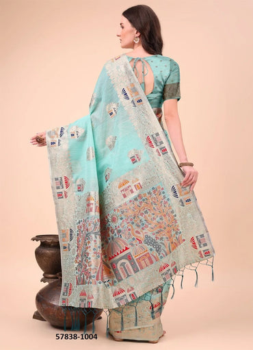 Sky Blue Linen-Cotton Woven Festive-Wear Saree