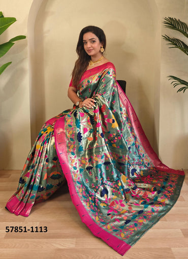 Sea Green Woven Paithani Silk Saree For Traditional / Religious-Occasions