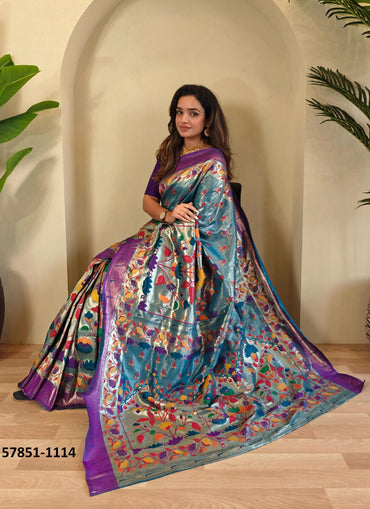 Teal Blue Woven Paithani Silk Saree For Traditional / Religious-Occasions