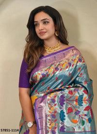 Teal Blue Woven Paithani Silk Saree For Traditional / Religious-Occasions