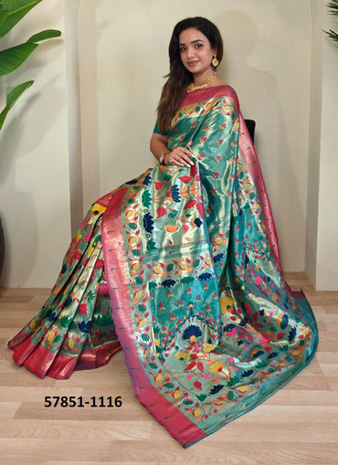 Teal Blue Woven Paithani Silk Saree For Traditional / Religious-Occasions