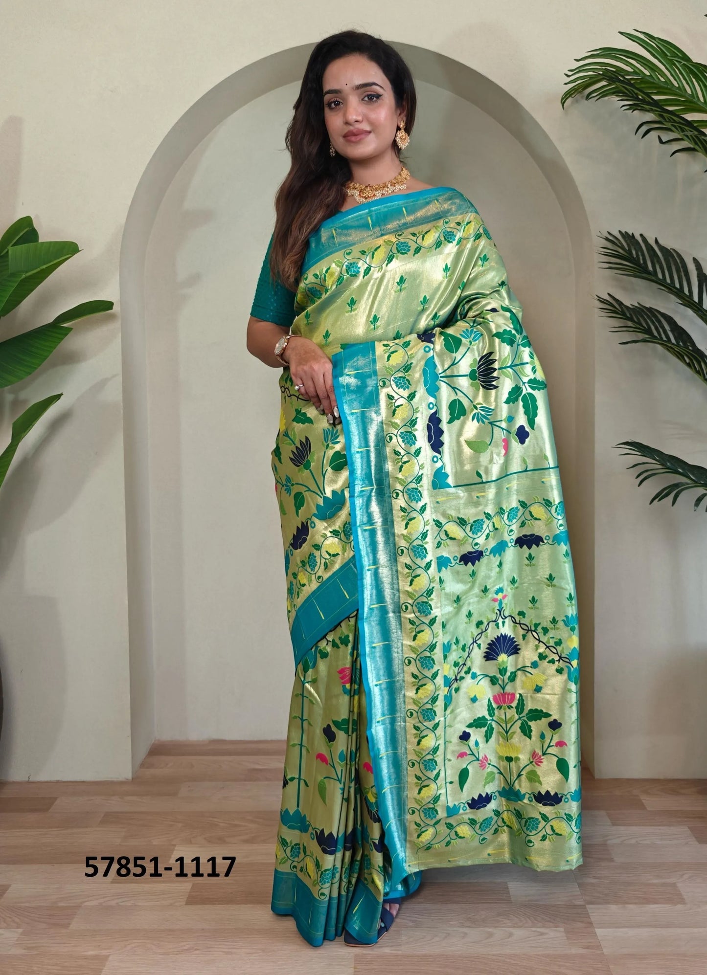 Light Green Woven Paithani Silk Saree For Traditional / Religious-Occasions