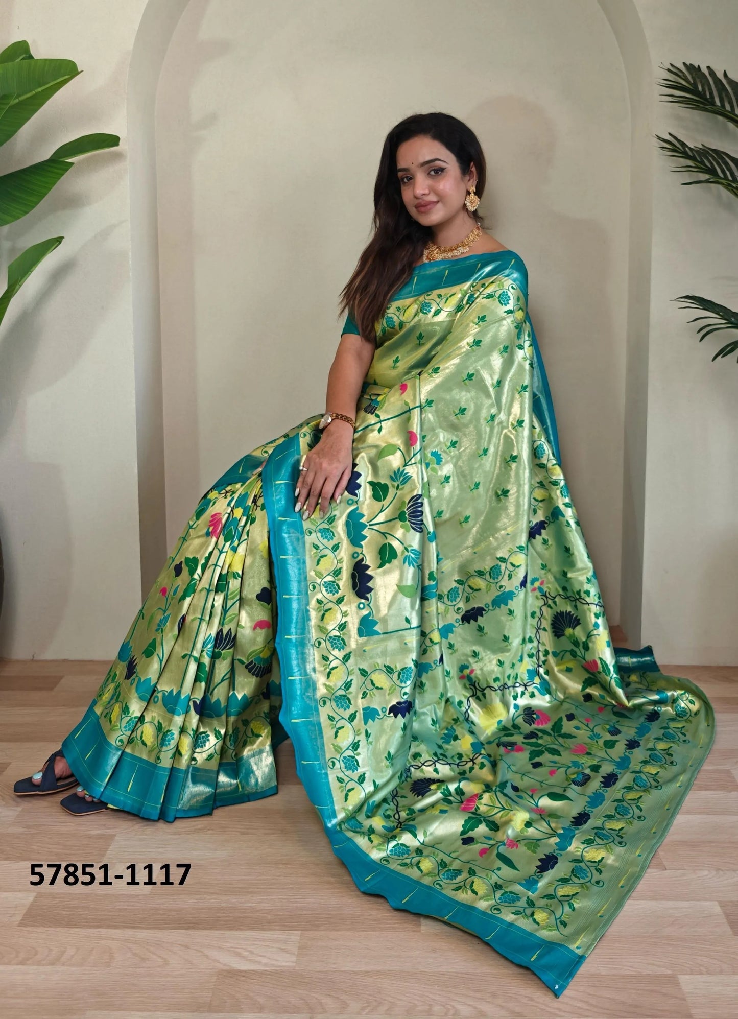Light Green Woven Paithani Silk Saree For Traditional / Religious-Occasions
