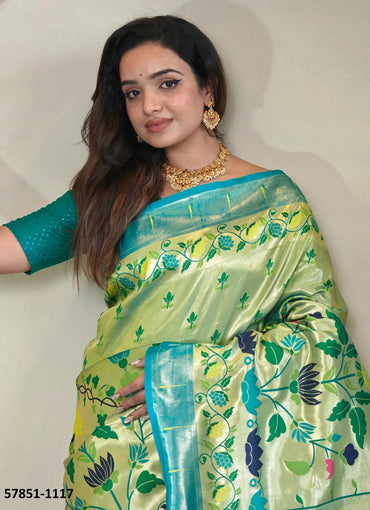 Light Green Woven Paithani Silk Saree For Traditional / Religious-Occasions