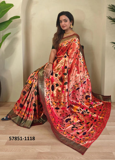 Salmon Woven Paithani Silk Saree For Traditional / Religious-Occasions