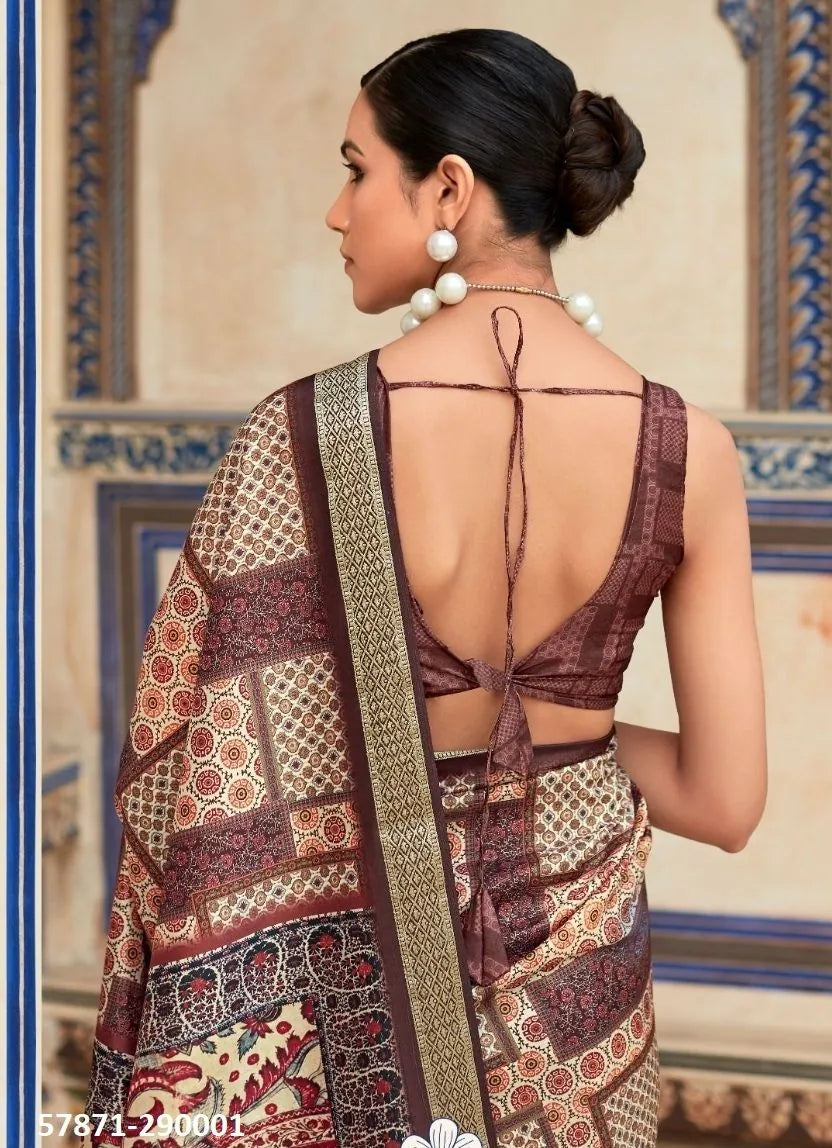 Bone White Soft Silk Printed Casual-Wear Saree