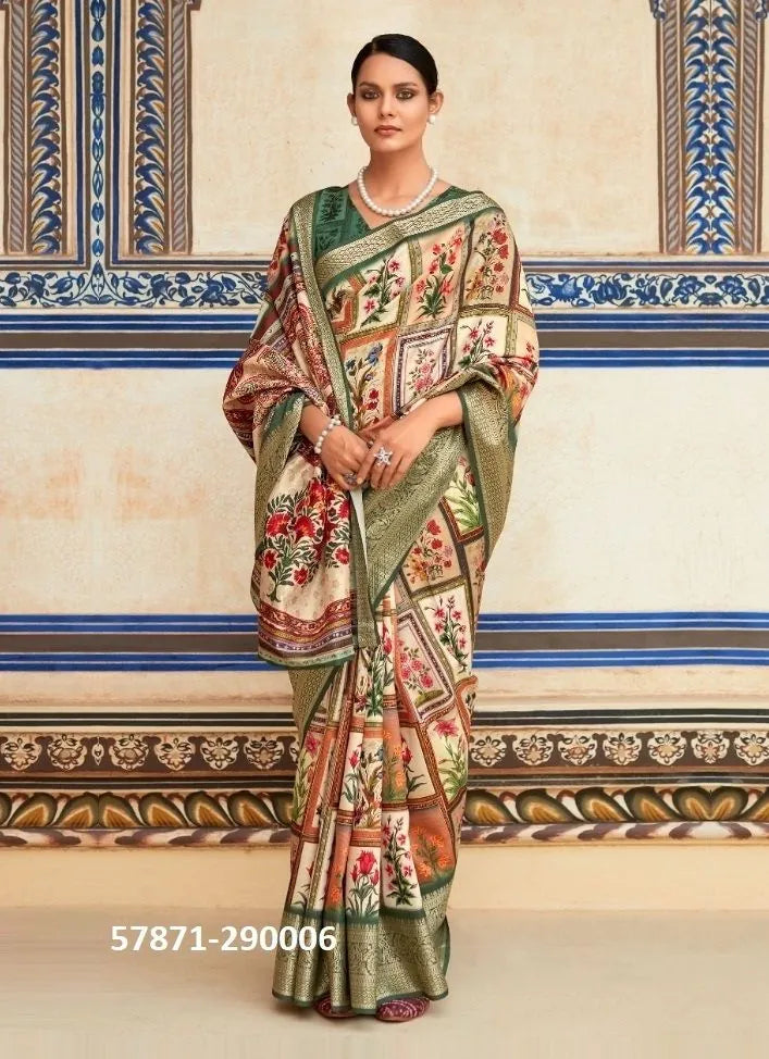 Green Soft Silk Printed Casual-Wear Saree