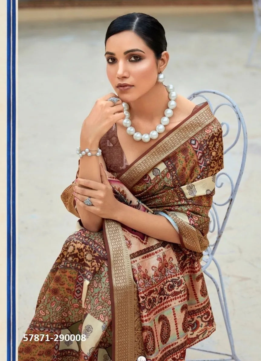 Brown Soft Silk Printed Casual-Wear Saree