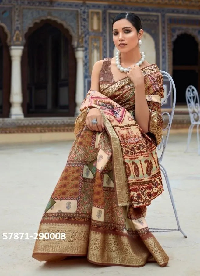 Brown Soft Silk Printed Casual-Wear Saree
