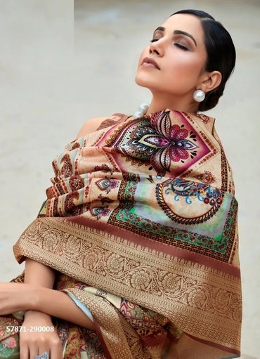 Brown Soft Silk Printed Casual-Wear Saree