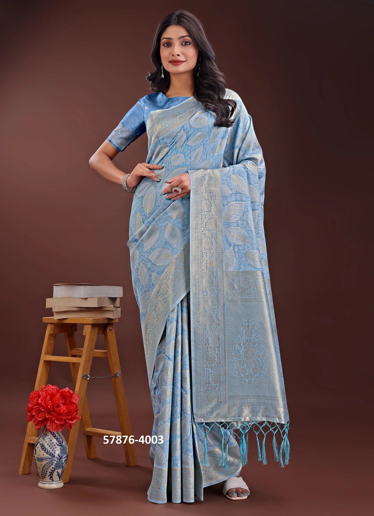 Sky Blue Cotton Woven Evening-Wear Handloom Saree