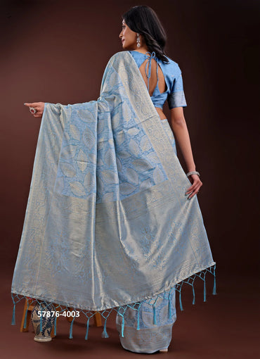 Sky Blue Cotton Woven Evening-Wear Handloom Saree