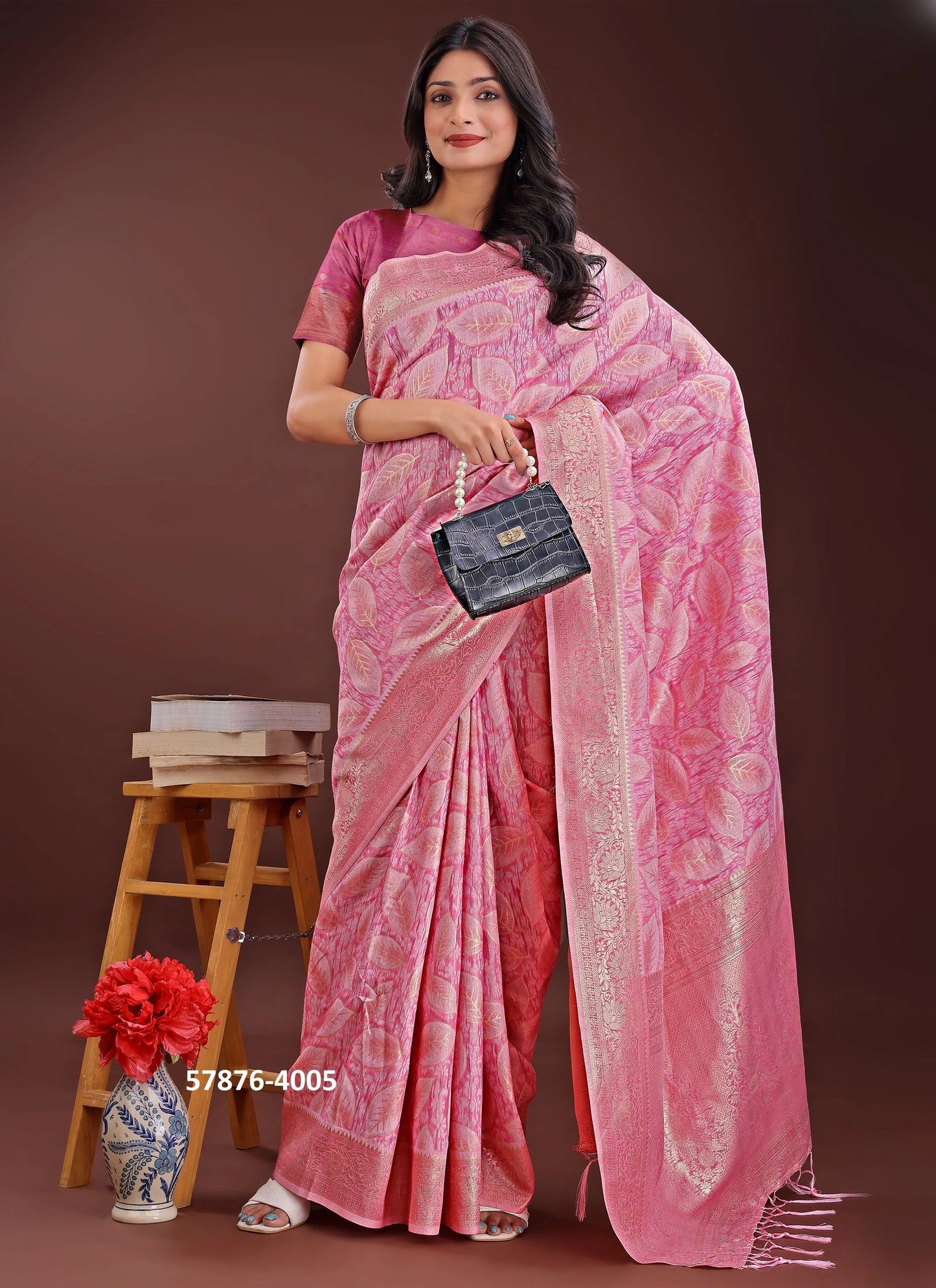 Dark Pink Cotton Woven Evening-Wear Handloom Saree