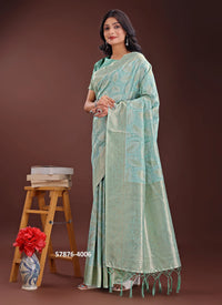 Light Teal Blue Cotton Woven Evening-Wear Handloom Saree