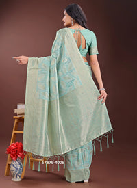 Light Teal Blue Cotton Woven Evening-Wear Handloom Saree
