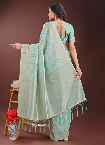 Light Teal Blue Cotton Woven Evening-Wear Handloom Saree