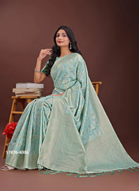 Light Teal Blue Cotton Woven Evening-Wear Handloom Saree