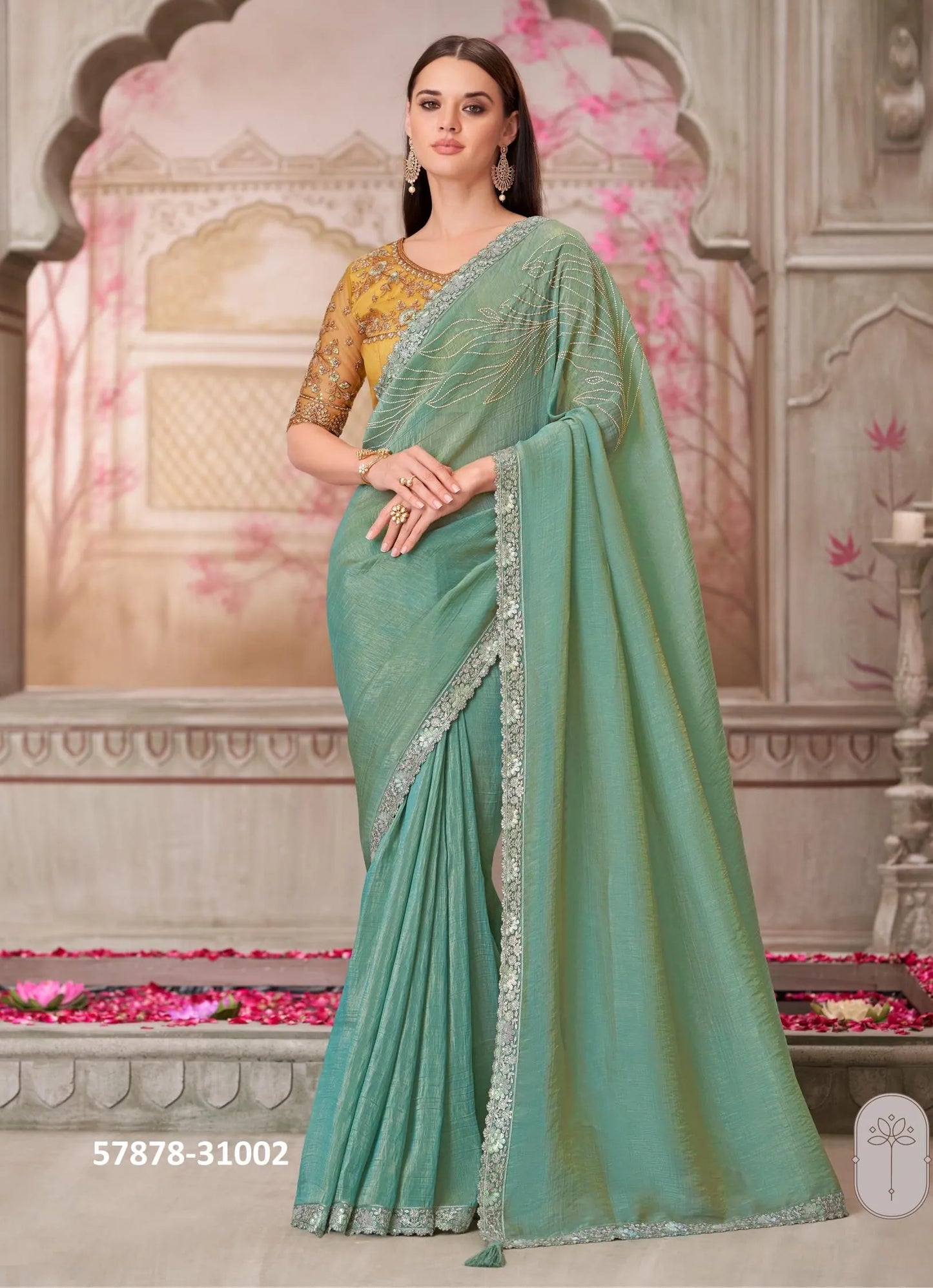 Sage Green Satin Silk Embroidered Party-Wear Boutique-Style Saree